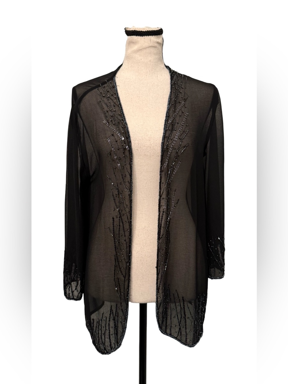 BKE Boutique Black Sheer Beaded Kimono Cardigan Jacket Embellished Medium